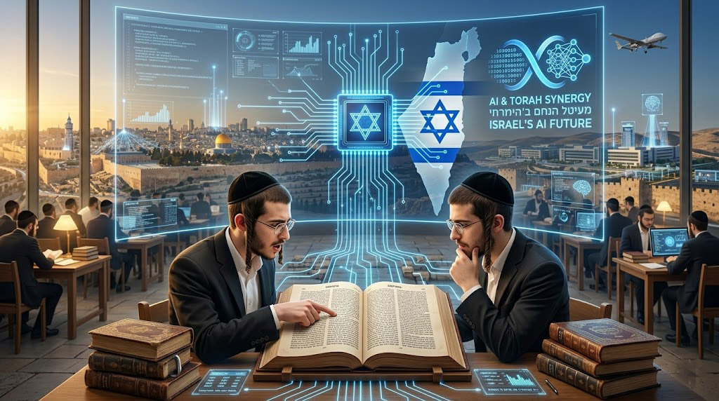 Deux étudiants en Torah sur une Guémara et le contraste avec la AI