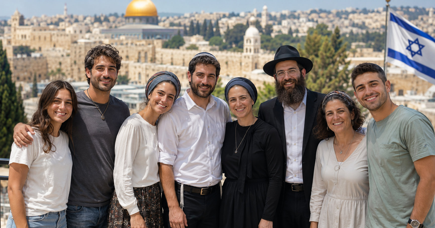 Des Juifs religieux et non religieux se tiennent unis à Jérusalem, devant le Mont du Temple et le drapeau d’Israël.
