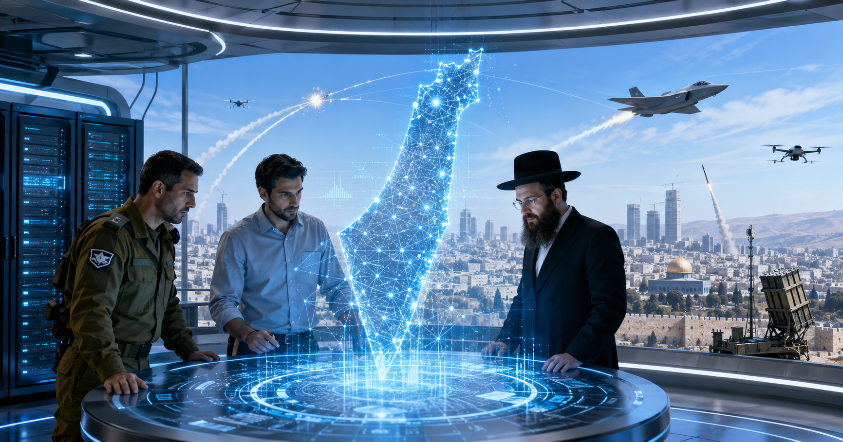 Soldat israélien, ingénieur et homme haredi autour d’une interface d’intelligence artificielle dédiée à la sécurité d’Israël