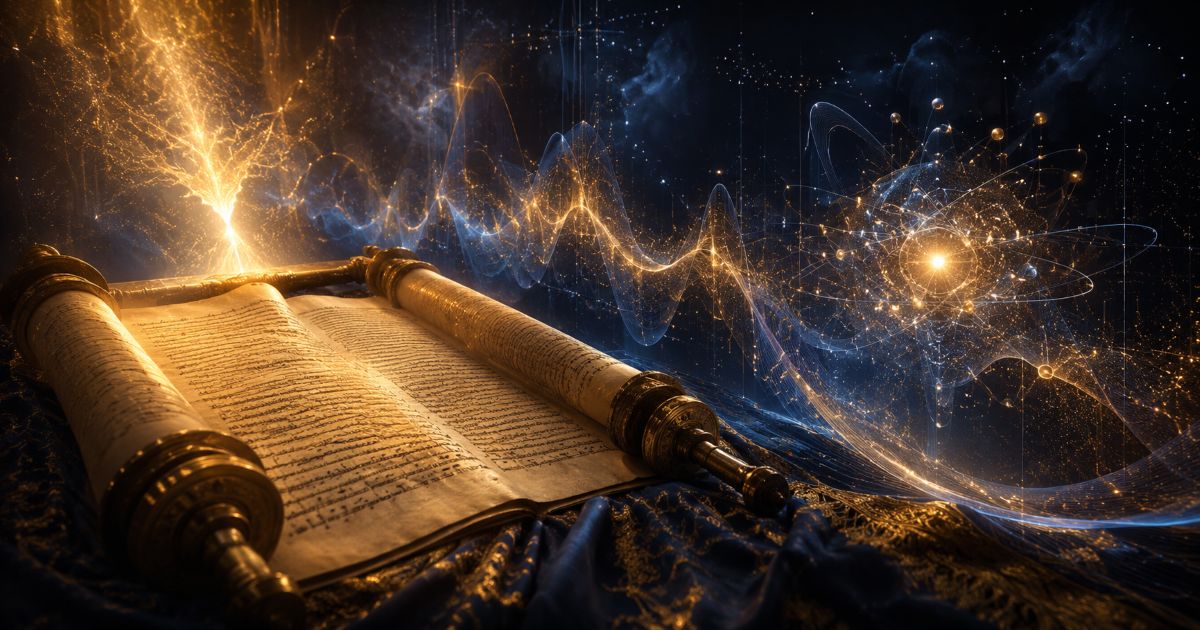 Séfer Torah entouré d’ondes et de particules de physique quantique
