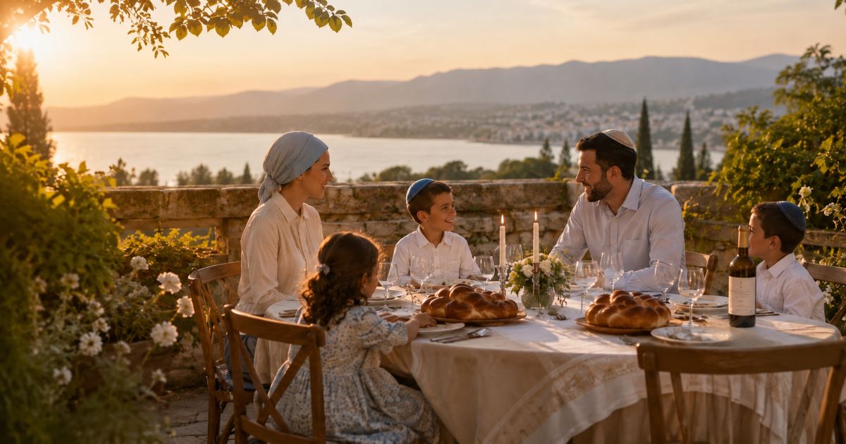 Famille juive r&eacute;unie autour d&rsquo;une table de Chabbat en vacances