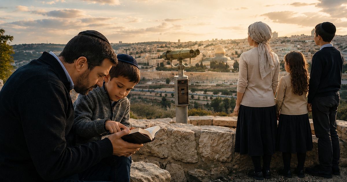 P&egrave;re &eacute;tudiant la Torah avec son fils face &agrave; J&eacute;rusalem