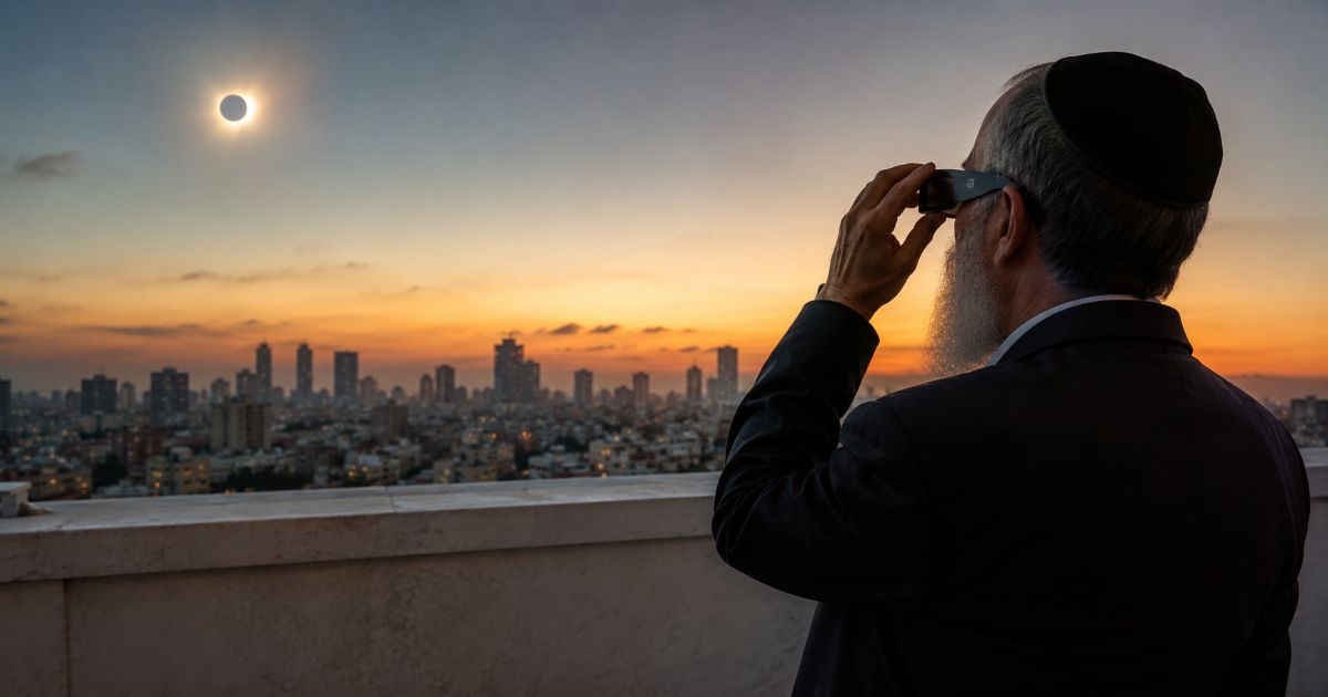 Un homme juif observant une éclipse solaire avec des lunettes de protection, évocation contemporaine du dialogue entre astronomie, Torah et Ma’hchava.