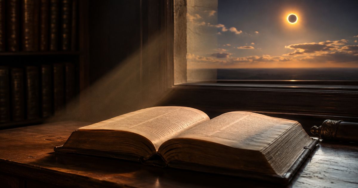 Un livre de Torah ouvert baigné par une lumière d’éclipse, image symbolique de la lumière qui demeure présente même lorsqu’elle devient momentanément voilée.