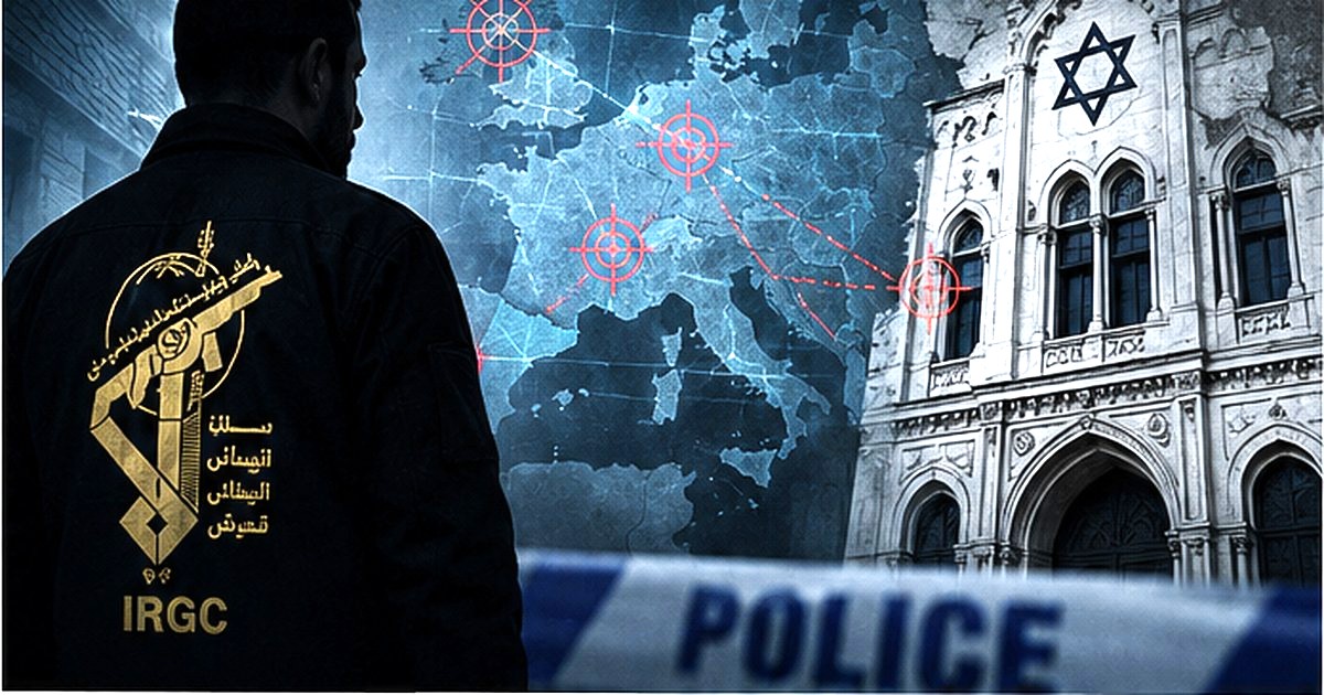 Silhouette li&eacute;e aux Gardiens de la r&eacute;volution iranienne face &agrave; une institution juive europ&eacute;enne, sur fond de carte de l&rsquo;Europe marqu&eacute;e par plusieurs cibles.