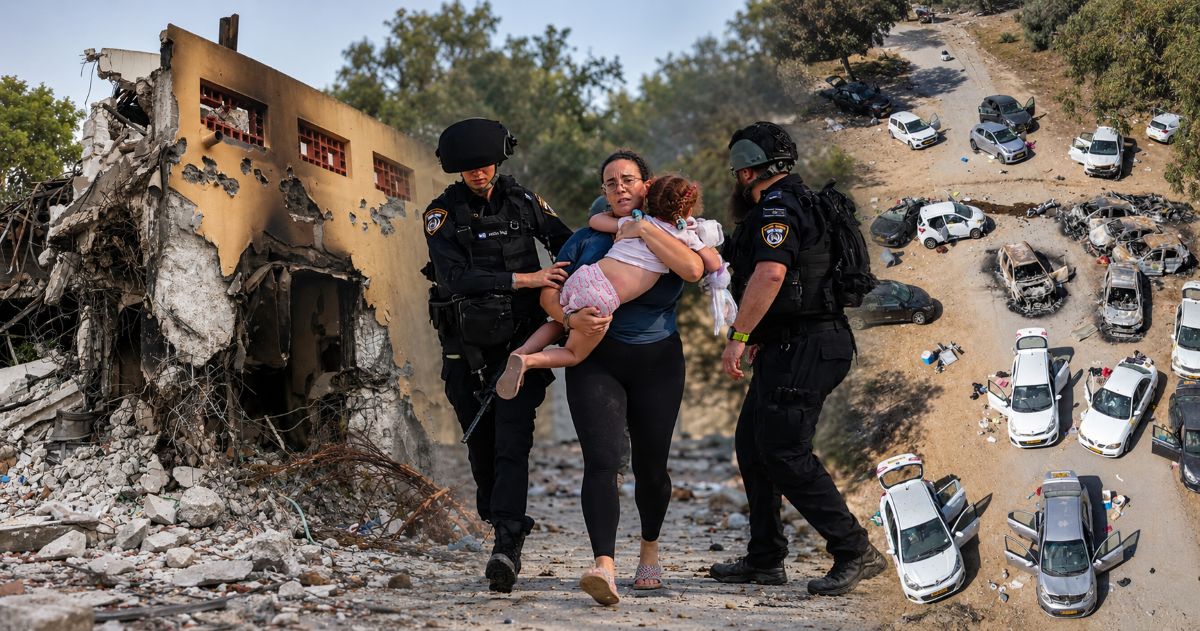Montage du 7 octobre : bâtiment détruit, mère portant son enfant accompagnée de policiers et voitures incendiées ou abandonnées.