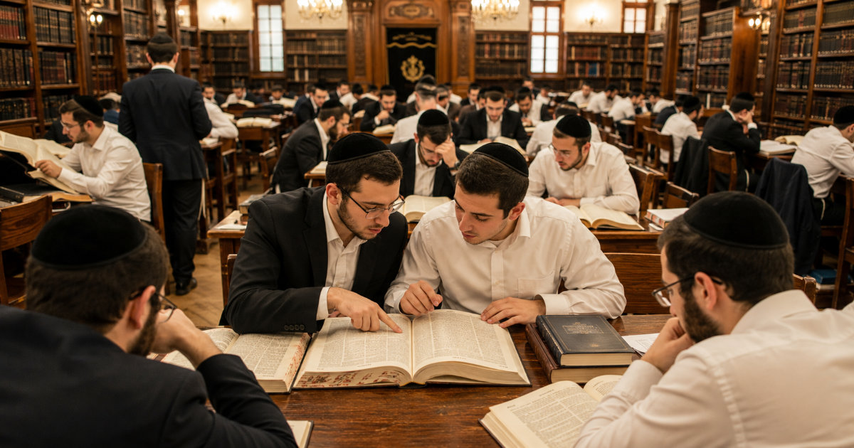 Un Beit Hamidrash et les étudiants qui approfondissent le Talmud