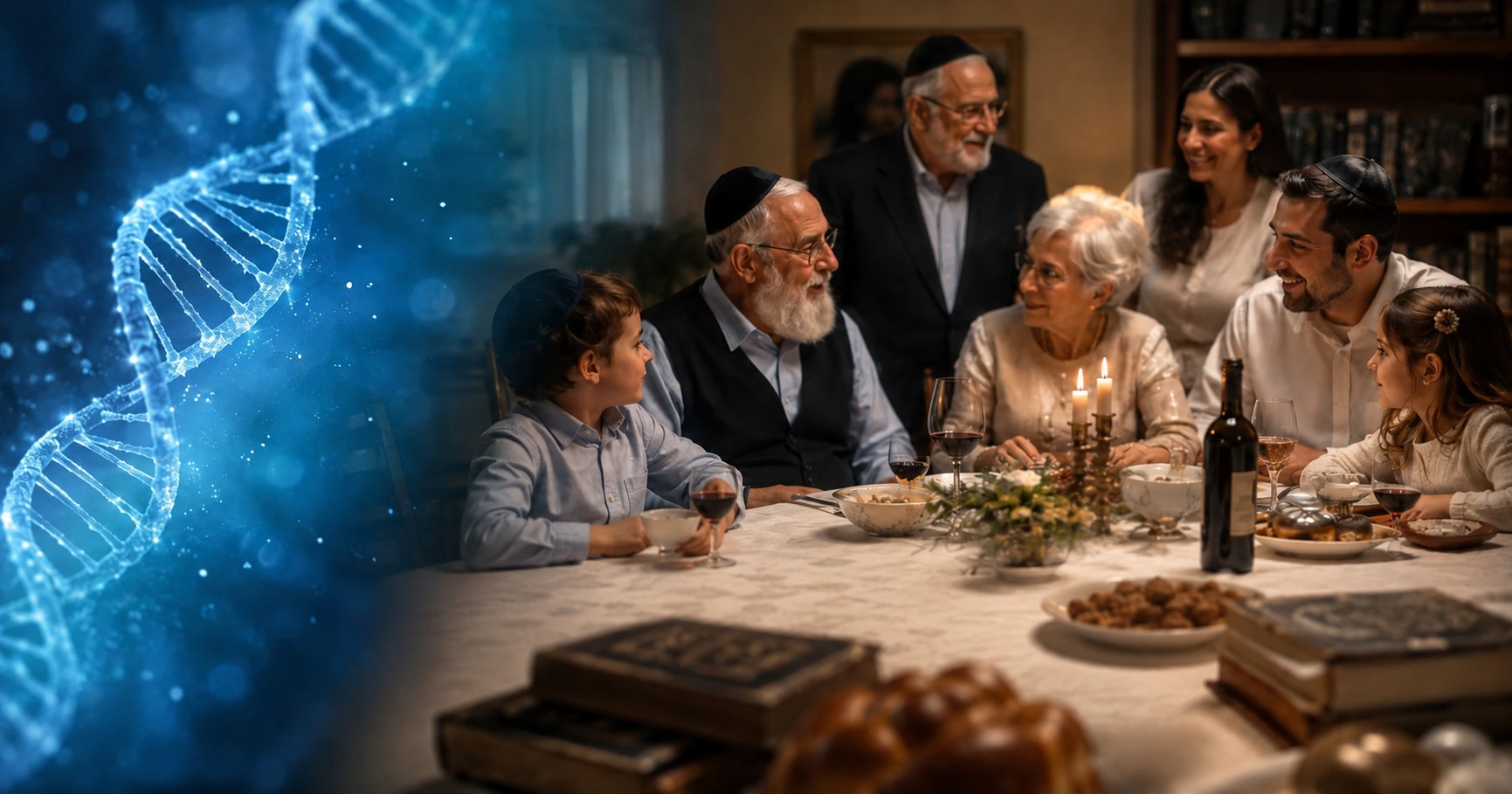 Une famille juive réunissant plusieurs générations autour d’une table, d’un rouleau de Torah et de livres, tandis qu’une double hélice d’ADN apparaît sur le côté.