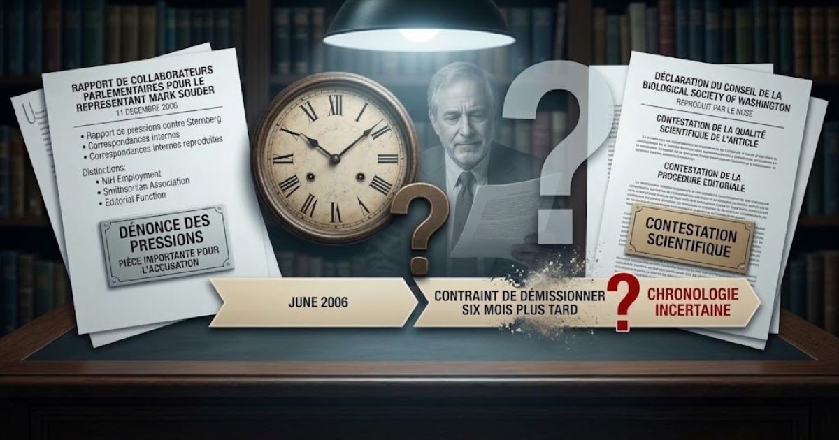 Montage conceptuel représentant les documents clés de l'affaire Sternberg en 2006, opposant le rapport parlementaire Mark Souder à la déclaration de la Biological Society of Washington, autour d'une chronologie incertaine.
