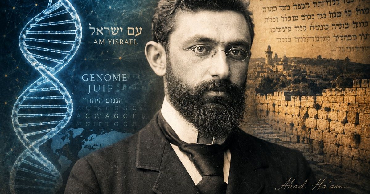 Portrait de Asher Ginsberg d’Ahad Ha’am associé à une double hélice d’ADN, à des textes hébraïques et à Jérusalem.