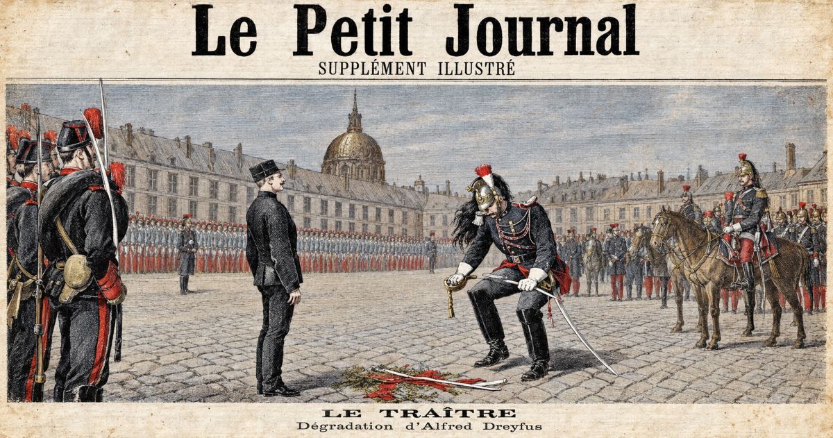 Reconstitution de la une du Petit Journal montrant la dégradation militaire d’Alfred Dreyfus, entouré de soldats dans une cour.