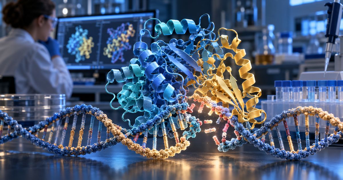 Illustration d’une structure protéique et d’une double hélice d’ADN, avec une chercheuse et un écran de modélisation moléculaire en arrière-plan.