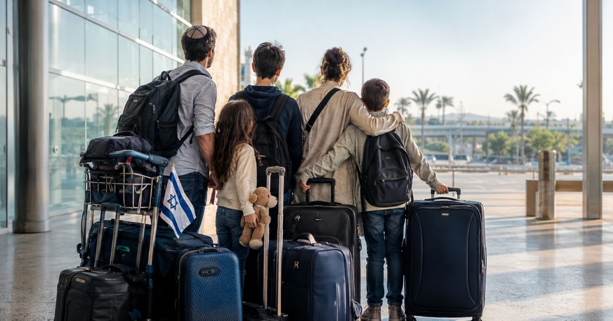 Famille juive nord-américaine avec ses enfants et ses valises découvrant Israël à sa sortie de l’aéroport Ben Gourion après son Alya.