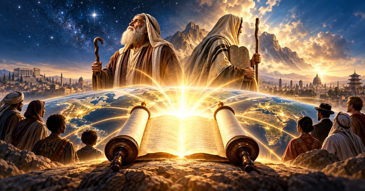 Rouleau de torah ouvert rayonnant sur la terre et figures bibliques symbolisant l'apport spirituel d'Israël au monde