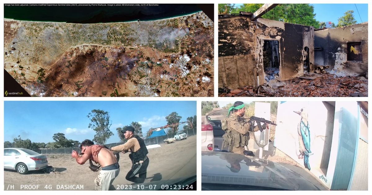 Collage du 7 octobre 2023 : incendies vus par satellite, bâtiment détruit à Be’eri, homme armé devant un abri et enlèvement d’un homme.