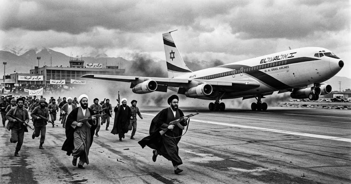 Illustration générée par IA représentant un avion d'El Al décollant de l'aéroport de Téhéran en 1979 face à des miliciens armés.