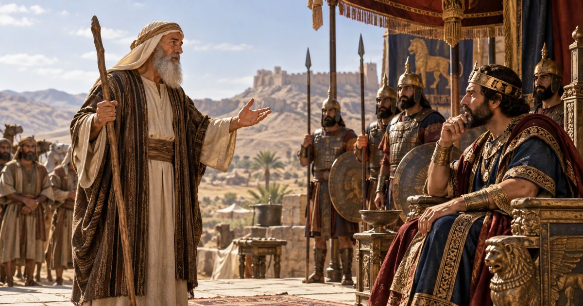Avraham Avinou, digne et éloquent, s’adresse au roi Avimélekh de Guérar, entouré de ses soldats, dans une scène biblique de la paracha Vayéra.