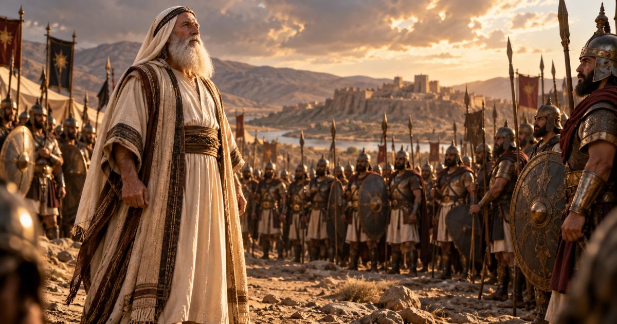 Avraham Avinou, grand et majestueux, se tient seul face à une armée de soldats antiques, incarnant la force spirituelle, le courage et la foi en Dieu.