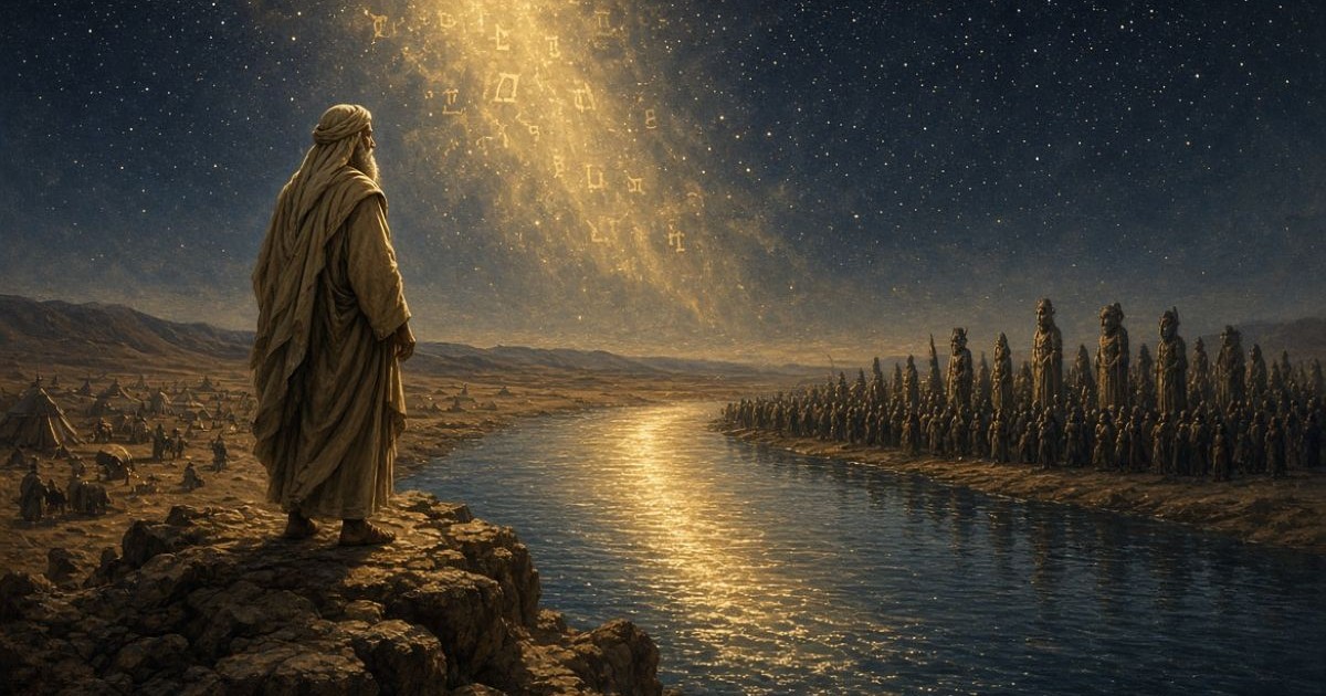 Avraham observant depuis sa rive le fleuve qui le sépare du monde idolâtre, sous une voie lactée de lettres hébraïques lumineuses.
