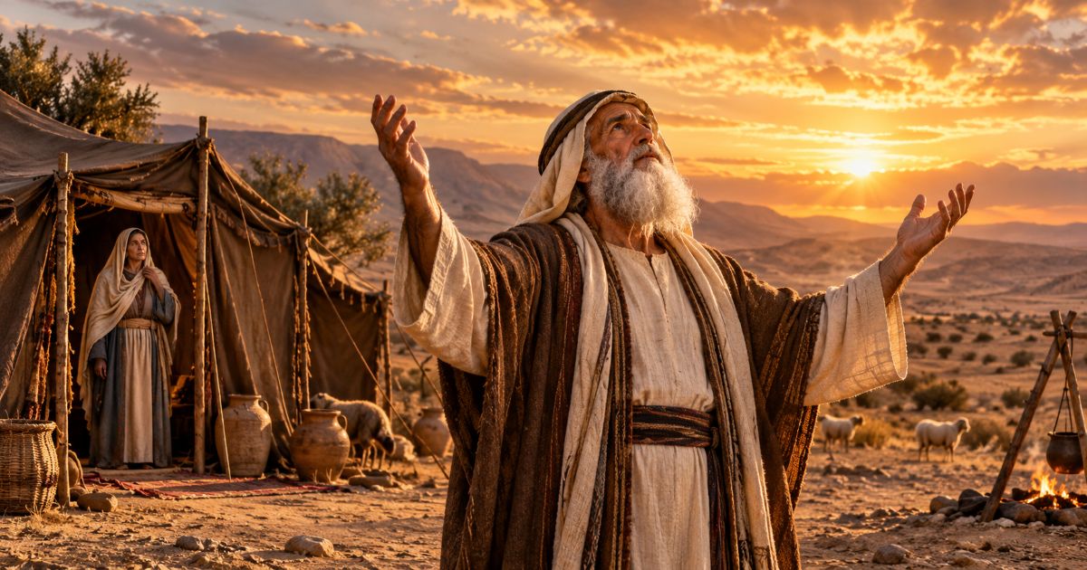 Avraham Avinou lève les mains vers le ciel dans le désert, comme s’il interrogeait Dieu, tandis que Sarah Iménou l’observe au loin depuis l’entrée de sa tente.