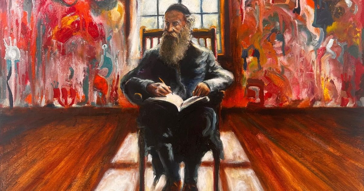 Peinture représentant l'Alter Rebbe, Rabbi Schneur Zalman de Liadi, assis à une table en bois et concentré sur la rédaction du Tanya.