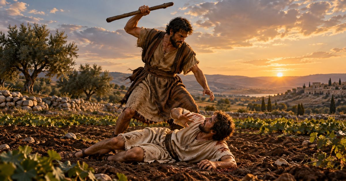 Illustration de Caïn levant un bâton au-dessus d’Abel blessé, au sol dans un champ, dans la paracha Bérechit.