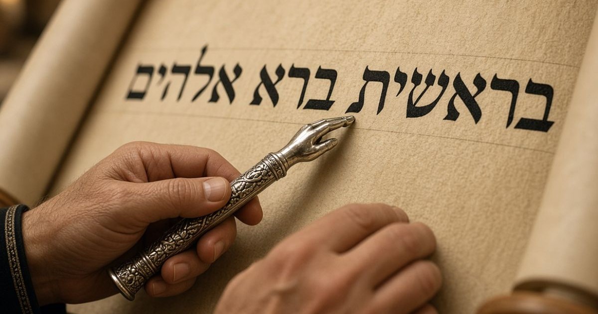 Mains tenant un yad en argent pointant vers les trois premiers mots de la Torah sur un Sefer Torah.