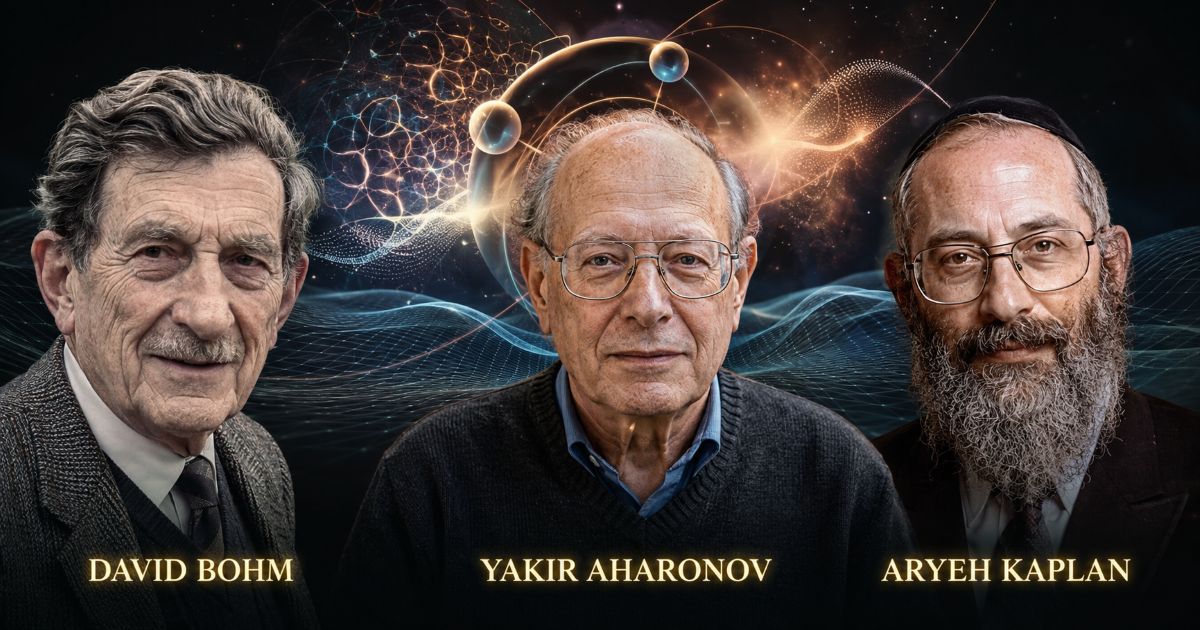 David Bohm, Yakir Aharonov et Rabbi Aryeh Kaplan face à un arrière-plan cosmique où se mêlent ondes, particules, champs d’énergie et structures quantiques. Le visuel symbolise leur recherche commune d’une réalité profonde située derrière le monde directement observable.