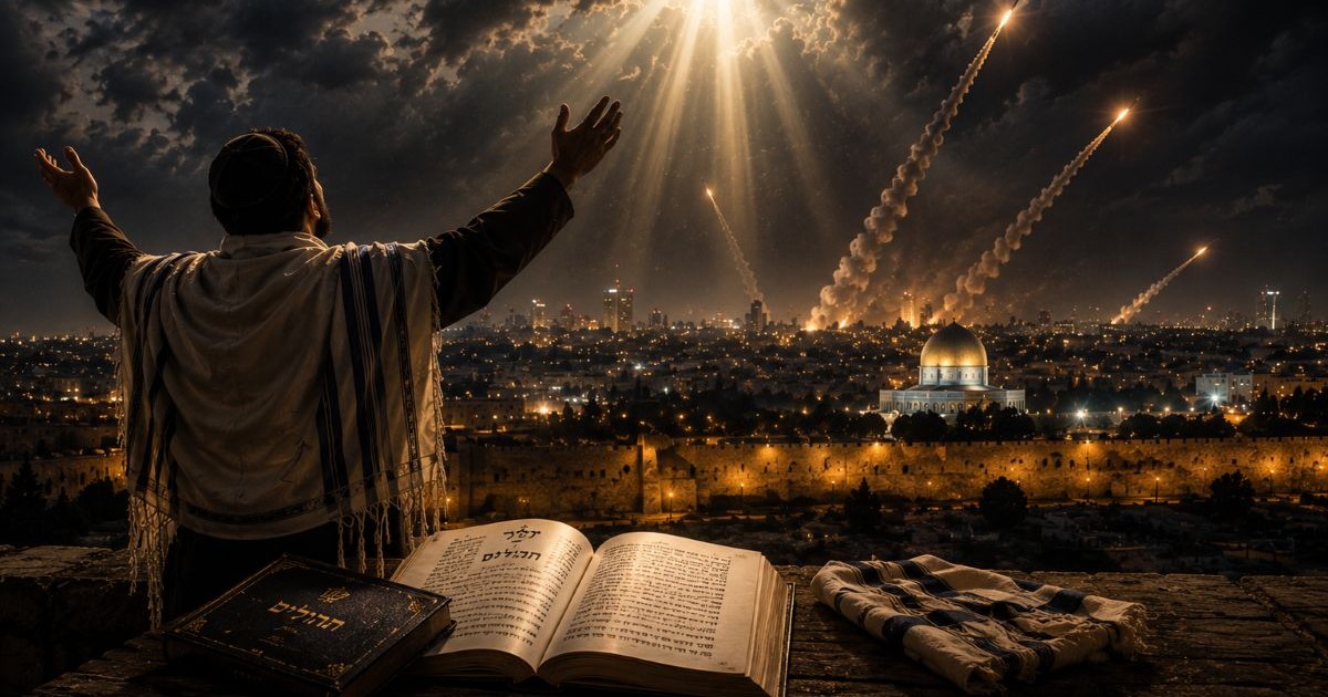Homme juif en prière face à Jérusalem sous un ciel traversé de missiles, illustrant la protection d’Israël et la Providence divine.