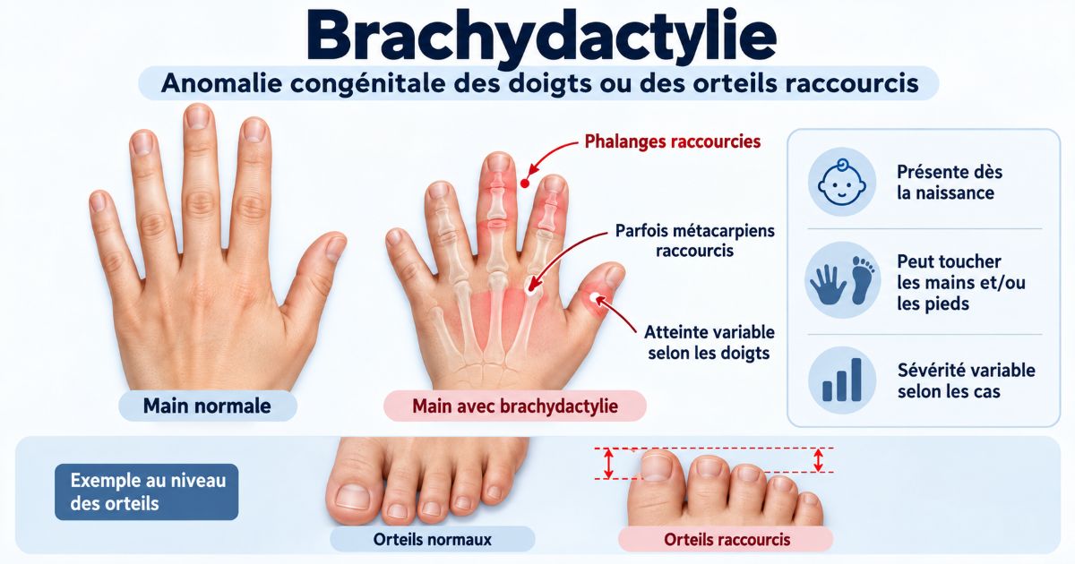 Infographie médicale générée par IA expliquant la brachydactylie, une anomalie congénitale caractérisée par des doigts ou des orteils raccourcis, avec comparaison entre une main normale et une main atteinte, ainsi qu’un exemple au niveau des orteils.