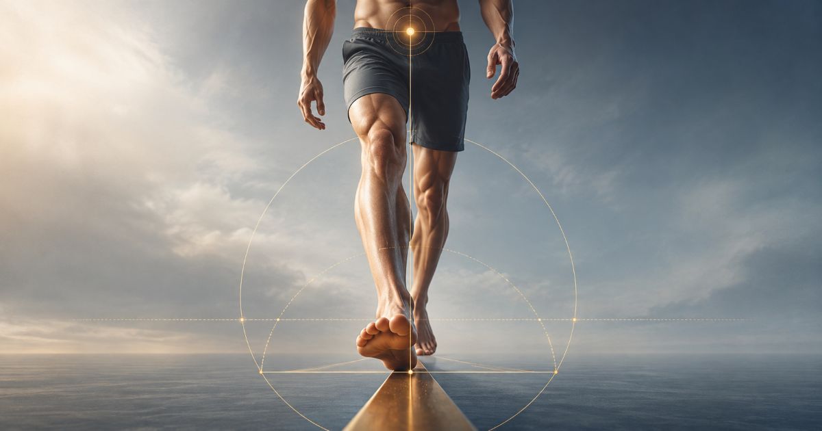 Homme en marche avec représentation du centre de masse et des lignes d’équilibre illustrant la biomécanique du mouvement.