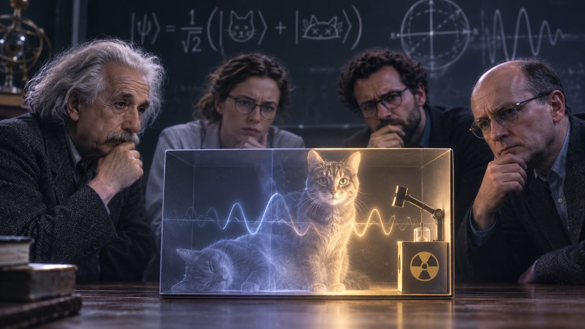 Plusieurs physiciens observent attentivement le chat de Schrödinger enfermé dans une boîte transparente.
