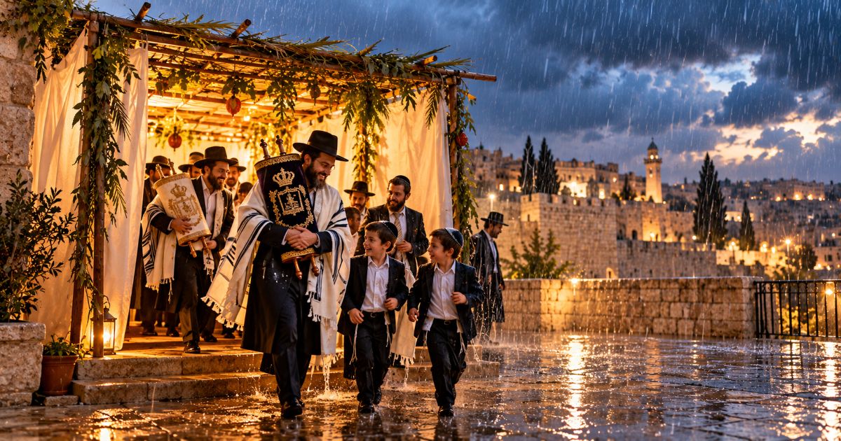 Des fidèles juifs quittent une soukka illuminée sous une pluie abondante à Jérusalem, à la fin de Soukkot, à l’approche de Chemini Atséret.