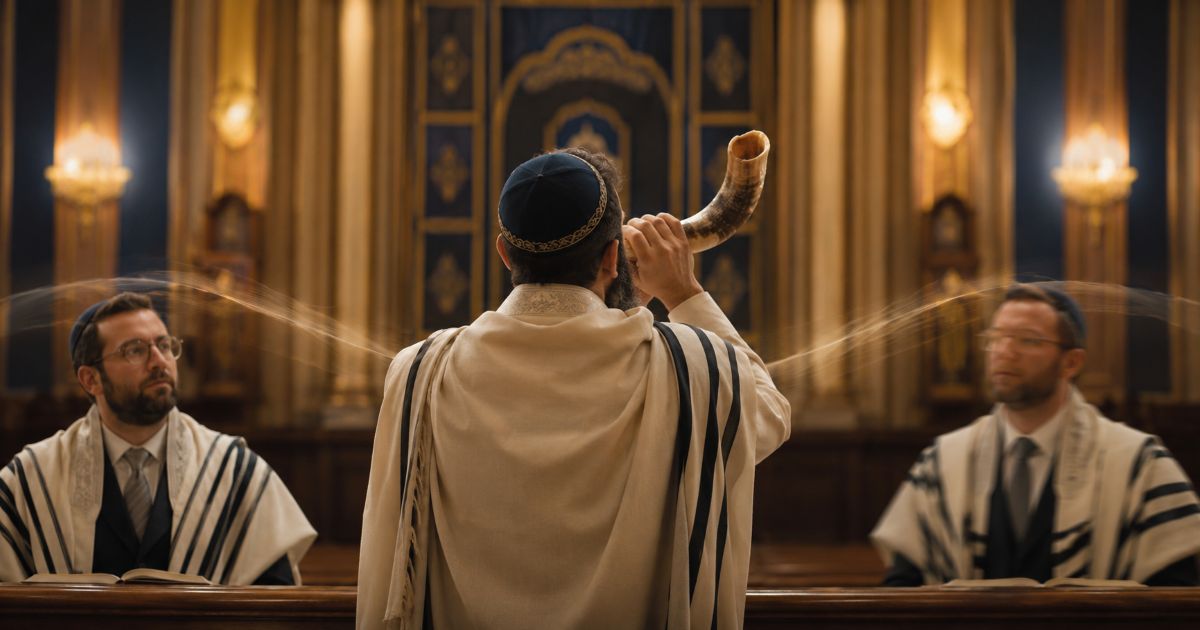 Un Baal Tokéa sonne du Chofar dans une synagogue devant deux fidèles à Roch Hachana