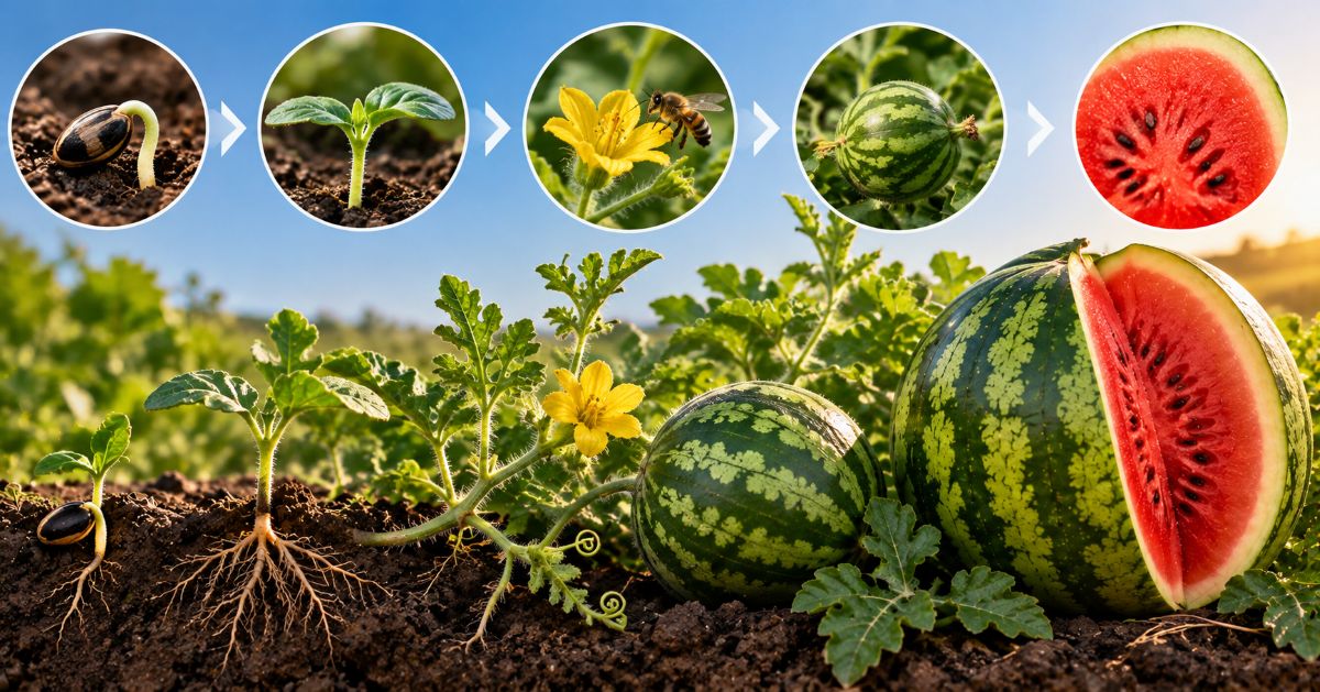 Les cinq étapes scientifiques de la croissance d’une pastèque, de la germination de la graine à la pollinisation, au développement du fruit et à sa maturation.
