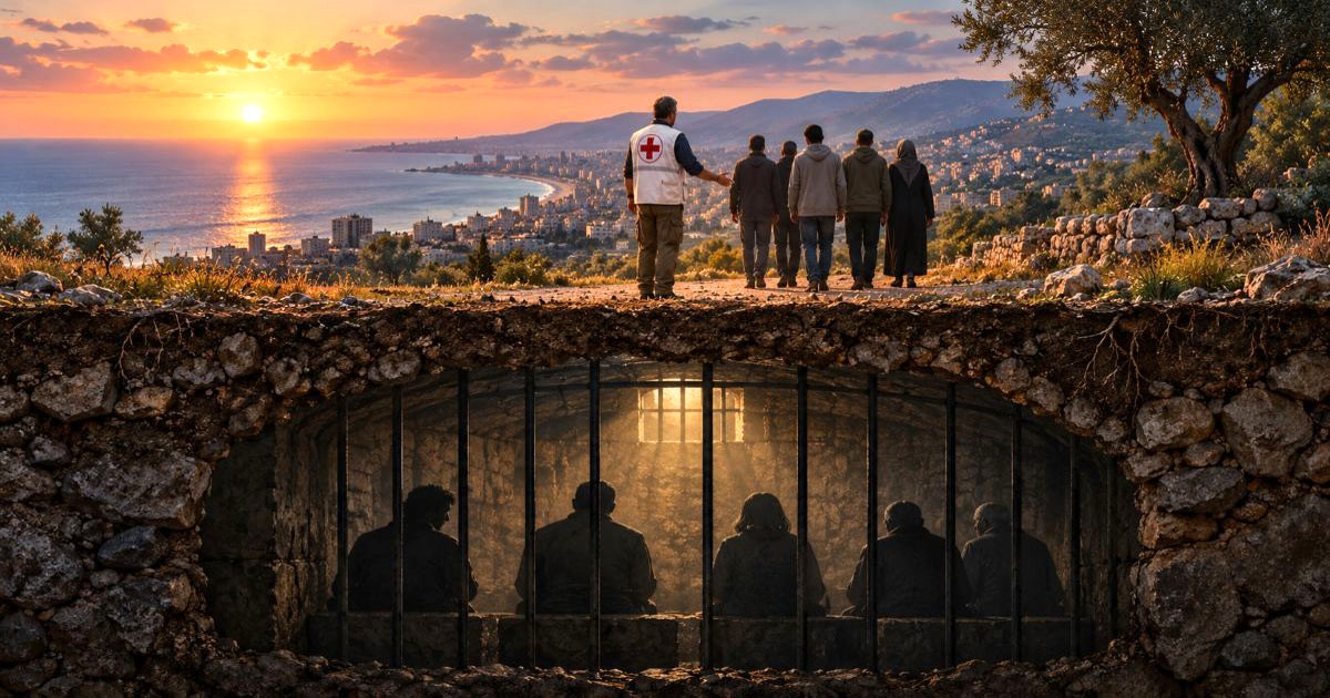 Illustration symbolique : un représentant de la Croix-Rouge accompagne des personnes transférées au Liban, tandis que des silhouettes derrière des barreaux évoquent les Juifs libanais disparus.