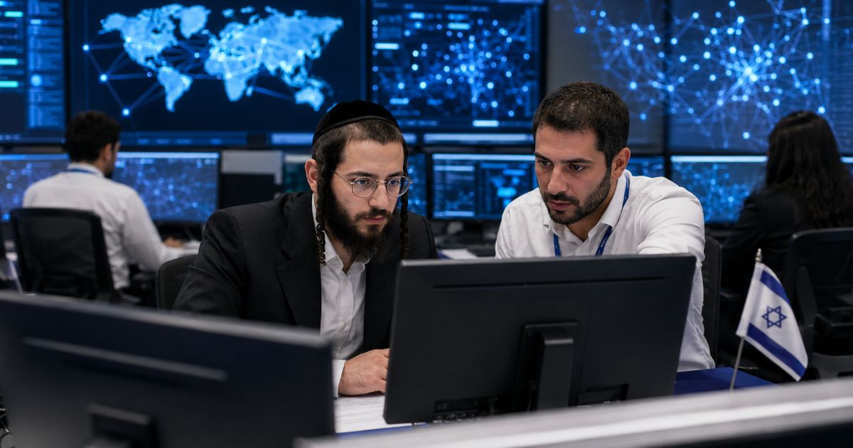 Professionnel ‘harédi collaborant avec un spécialiste israélien dans un centre moderne de cybersécurité.