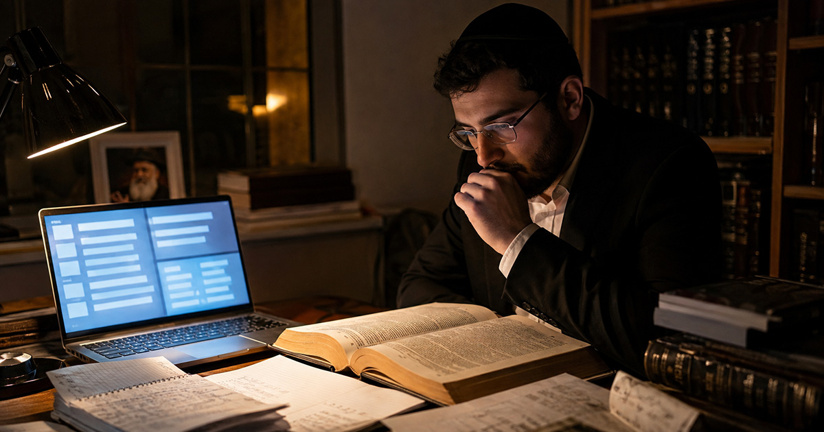 Un homme portant une kippa étudie un texte de Torah ouvert devant lui, aux côtés d’un ordinateur portable, dans une bibliothèque éclairée avec sobriété. L’image illustre la rencontre entre l’étude traditionnelle, la réflexion humaine et les outils de l’intelligence artificielle.