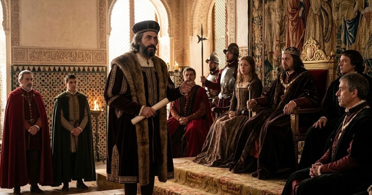Don Itsahk Abravanel, debout avec charisme et dignité, un rouleau à la main, s'adresse fermement au roi Ferdinand II d'Aragon assis sur son trône, entouré de la reine Isabelle et de ministres.