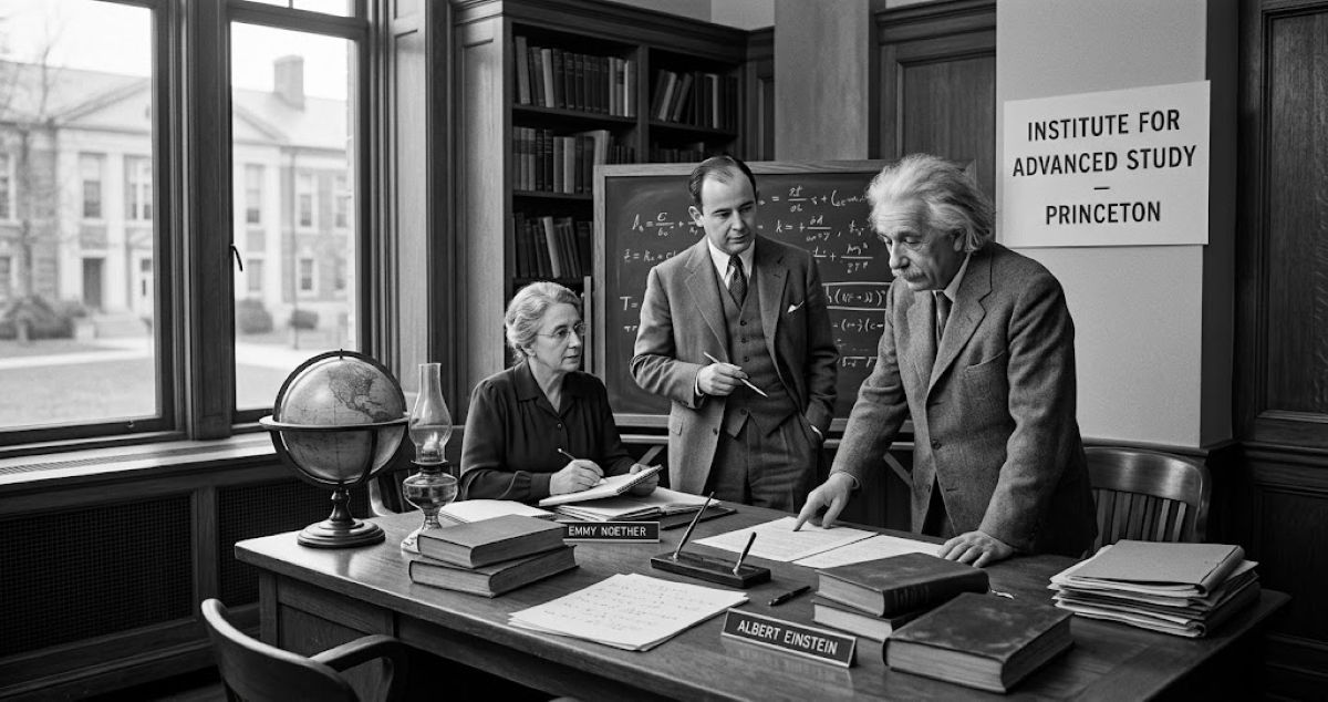 Albert Einstein, John von Neumann et Emmy Noether à l'Institute for Advanced Study de Princeton dans les années 1930.