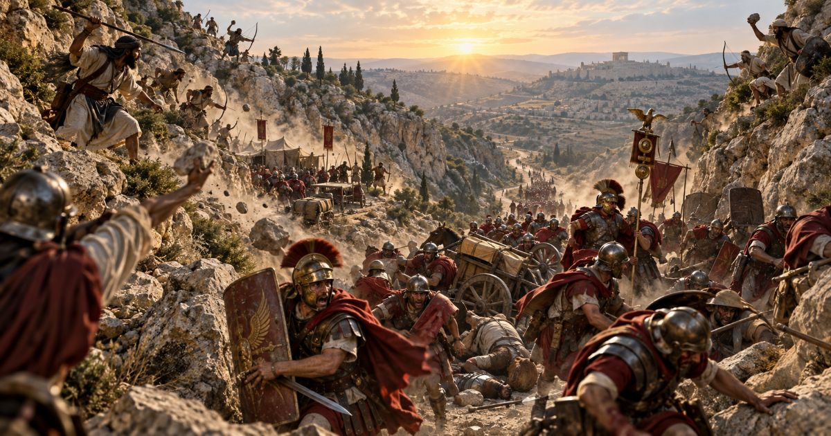 Représentation éditoriale de la retraite de Cestius Gallus à Beit Horon, où les combattants juifs attaquent les légions romaines en fuite dans un passage montagneux.