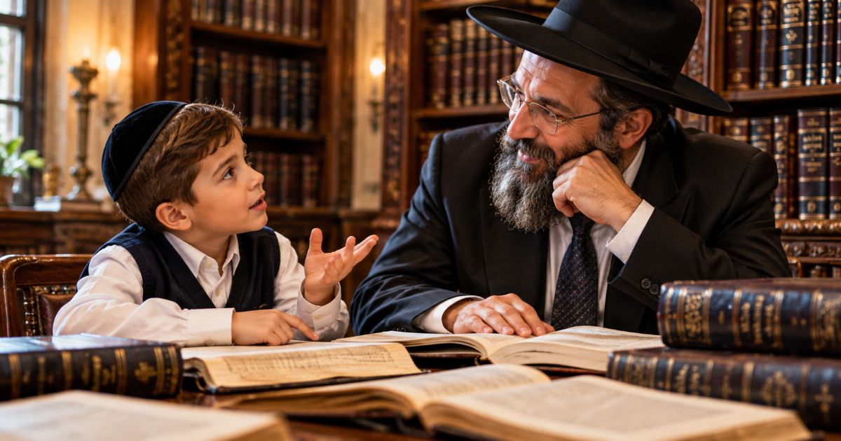 Jeune enfant juif intelligent posant des questions à son maître charismatique dans une bibliothèque d’étude, entourés de livres de Torah.