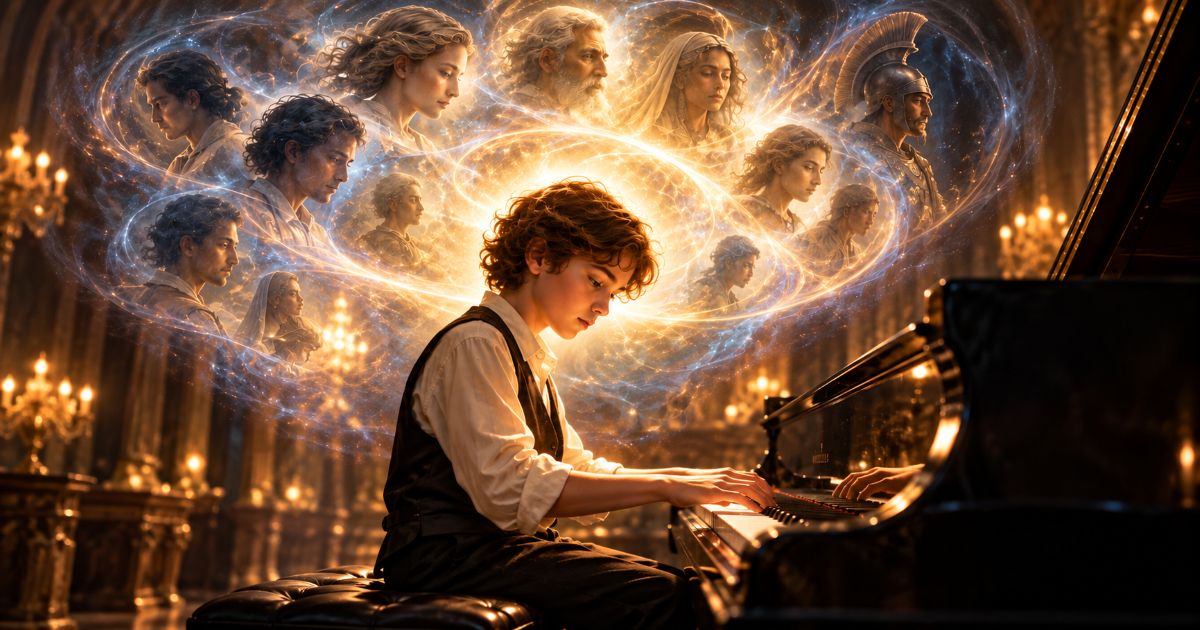 Jeune garçon de 12 ans jouant du piano, entouré au-dessus de la tête d’une aura lumineuse et de silhouettes symboliques évoquant le Guilgoul, la réincarnation et la transmission d’une âme à travers plusieurs existences.