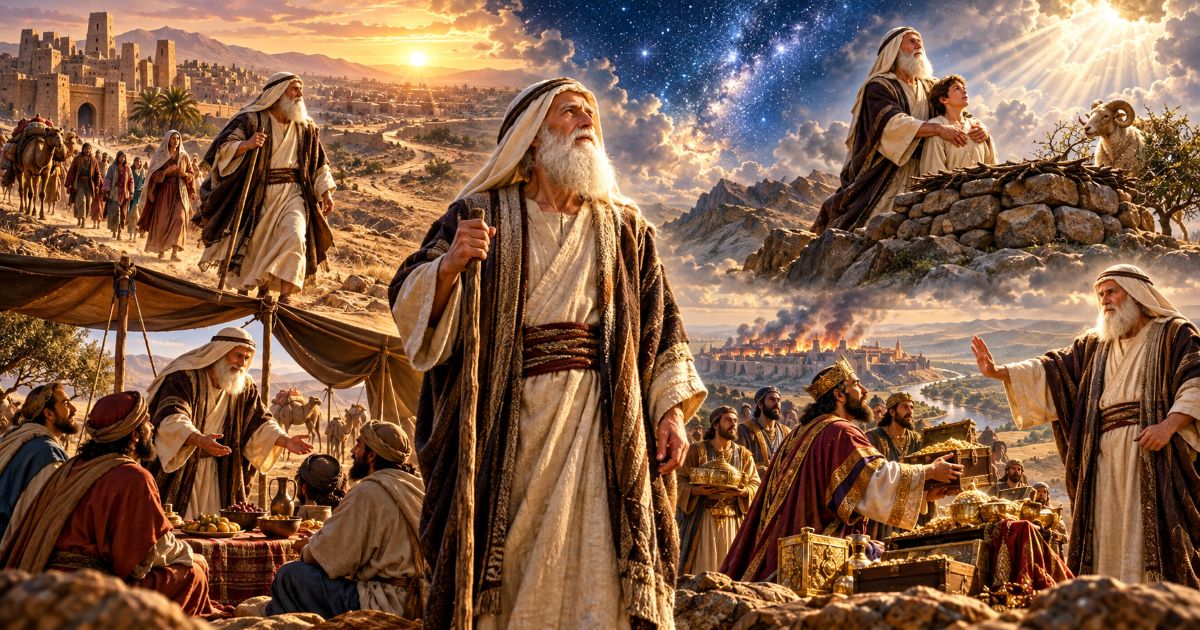 Montage symbolique représentant les grandes épreuves d’Avraham Avinou : son départ de la maison paternelle, l’accueil des étrangers, le refus des richesses de Sodome, l’alliance avec Dieu et la Akéda d’Its’hak.