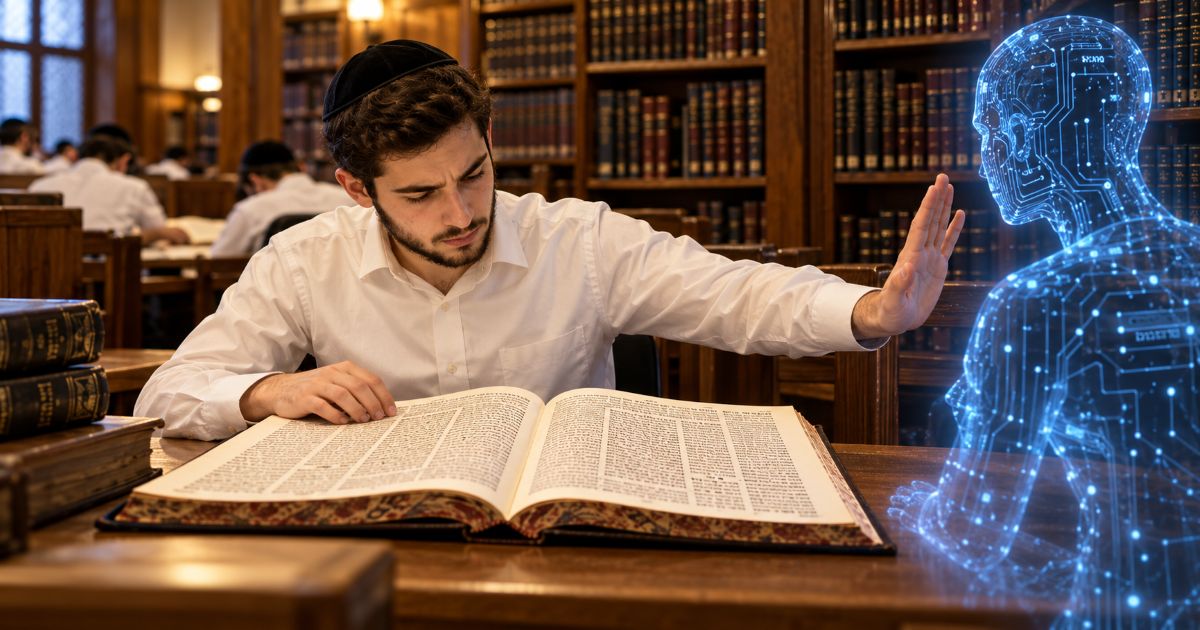 Étudiant penché sur une Guemara ouverte, écartant de la main une silhouette numérique bleue symbolisant l’intelligence artificielle.