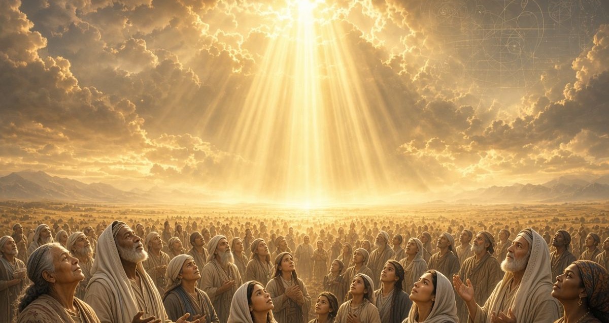 Une assemblée juive de tous âges, hommes portant la kippa, regardant avec ferveur la lumière divine descendante, symbolisant l’éveil moral et spirituel universel et la reconnaissance de la souveraineté de D-ieu