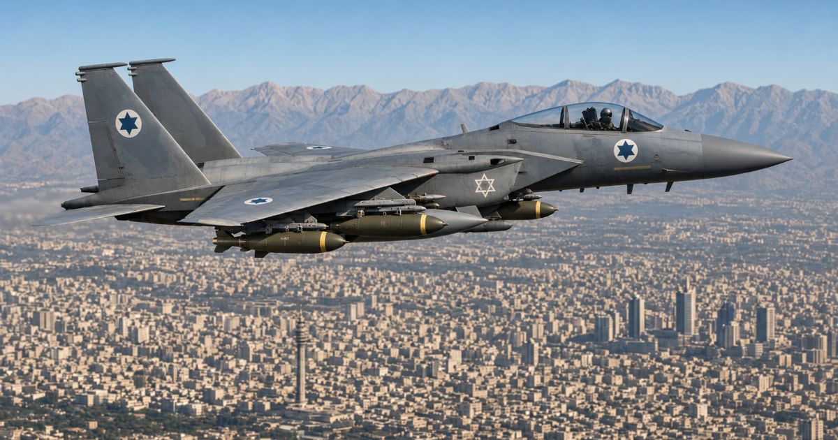 Avion de chasse F-15 de l’armée de l’air israélienne en vol au-dessus de Téhéran, Iran, avec cocardes à l’étoile de David, vue aérienne de la ville et des montagnes en arrière-plan.
