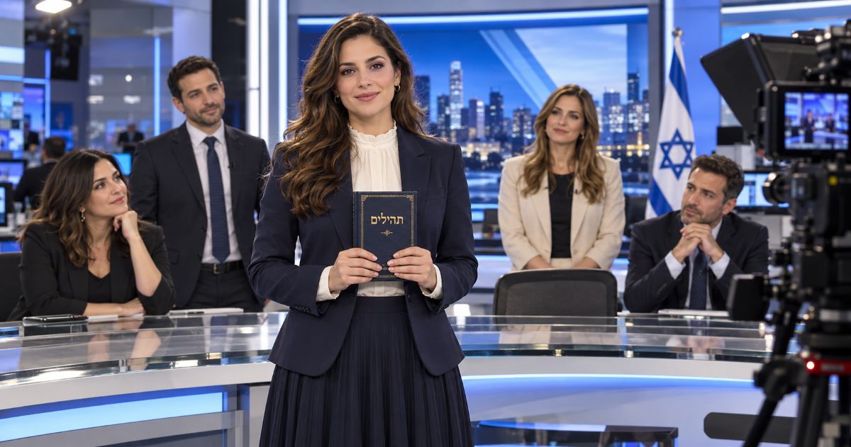 Femme vêtue pudiquement tenant un livre de Téhilim dans un studio de télévision israélien, entourée de collègues.