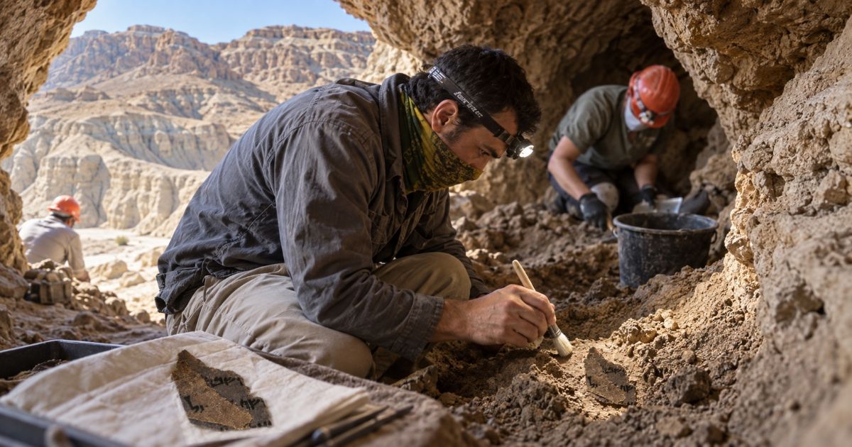 Archéologues lors de fouilles dans une grotte de Qumrân en Judée