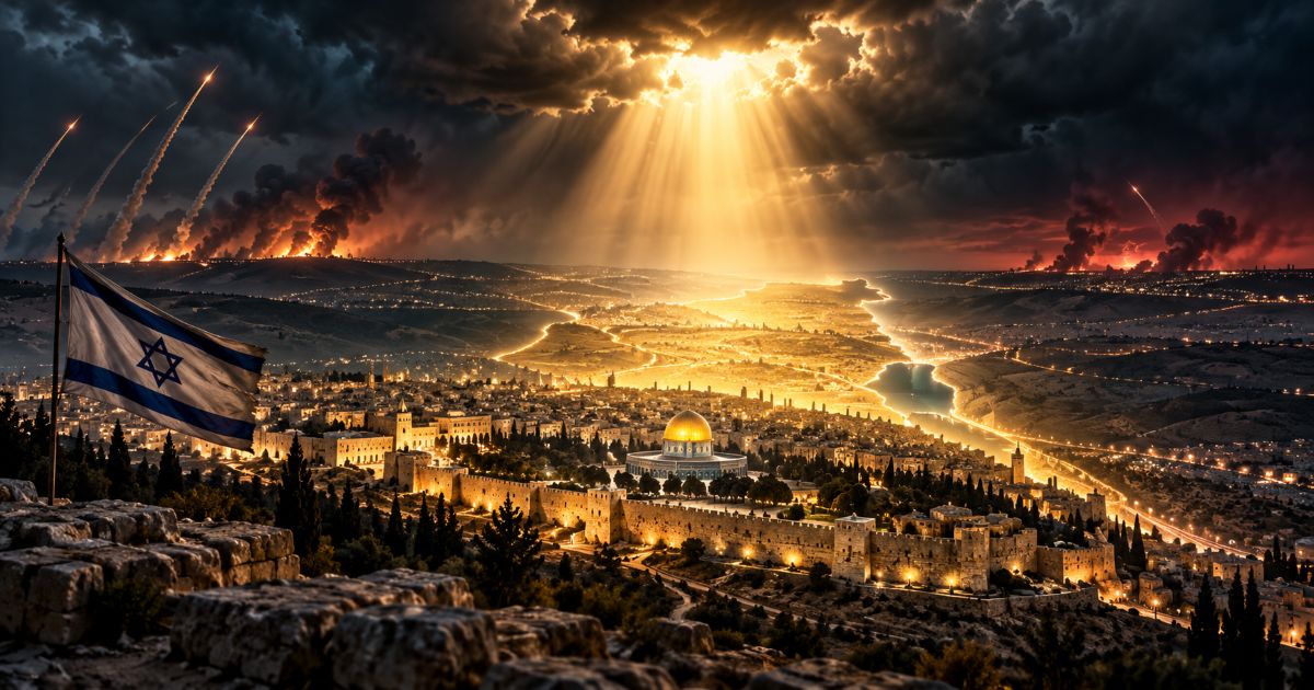 Jérusalem sous une lumière céleste symbolisant le Gardien d’Israël face aux menaces de guerre